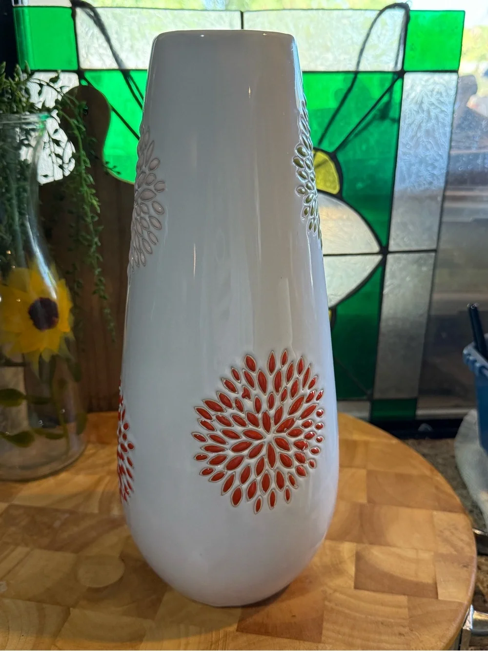 Tall White Ceramic Vase with Colorful Floral Bursts – 12¾”